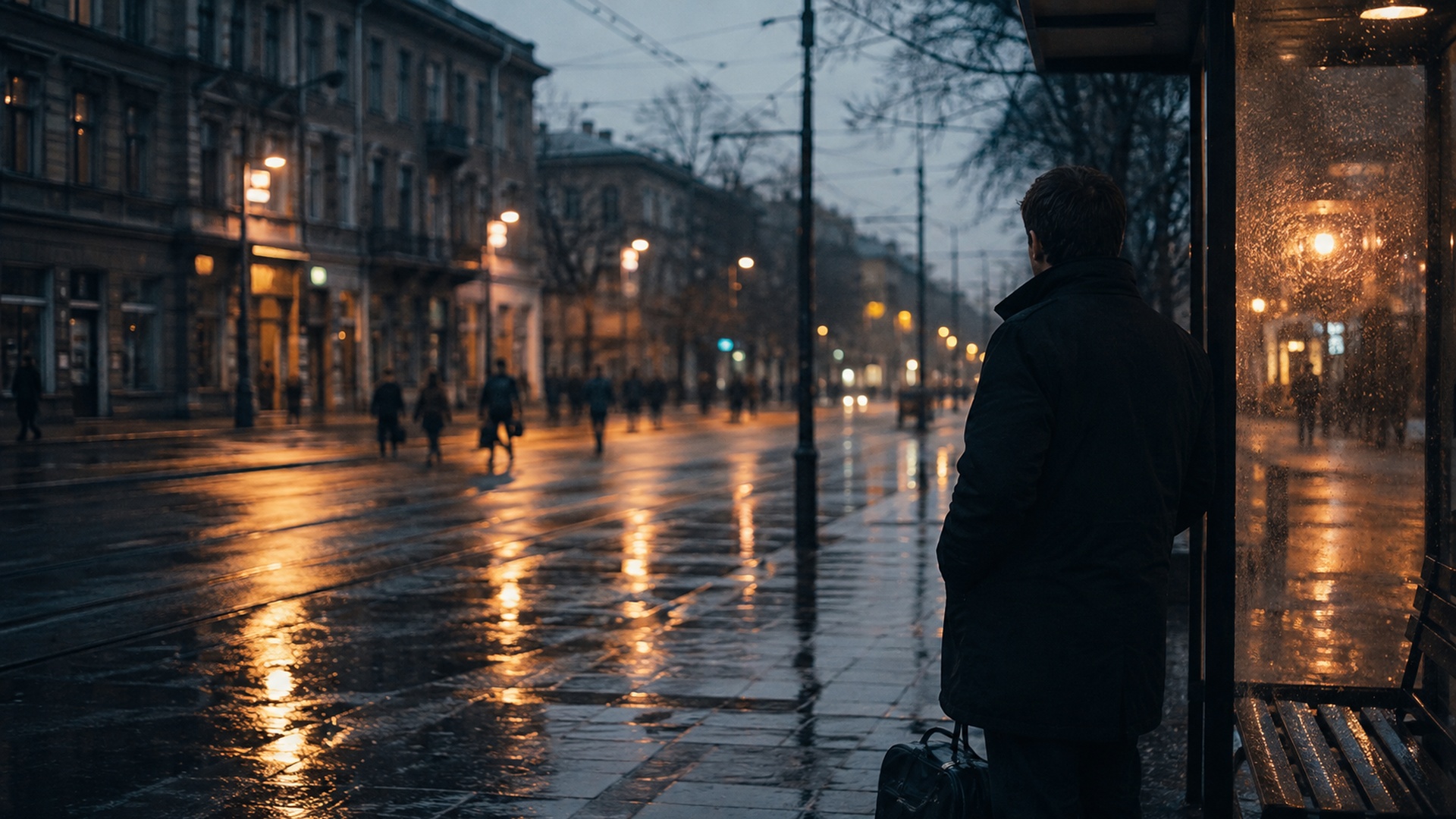 Русскоязычный релокант на автобусной остановке в европейском городе